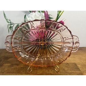 Vintage Pink Depression Glass Divided Relish Tray Oval Serving Platter Retro
